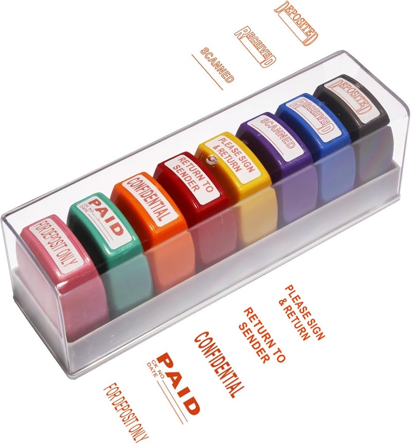 WAFJAMF Office Stamps Set 8-Pack Self-Inking Business Stamp for Office Document Reply Quick Work Info Handling Stamp with Storage Tray - Image 1